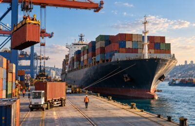 Uluslararası ticaret limanında konteyner gemisi ve yük vinçleri